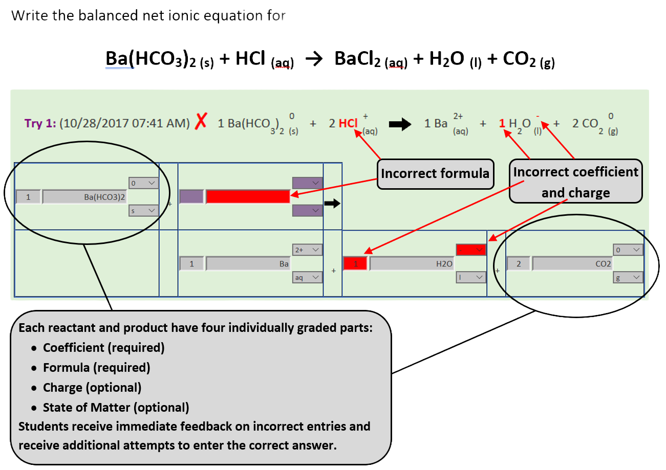 Balanced equation display after Try 1.