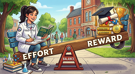 A chemistry student on a see-saw to illustrate that more effort produces greater results.