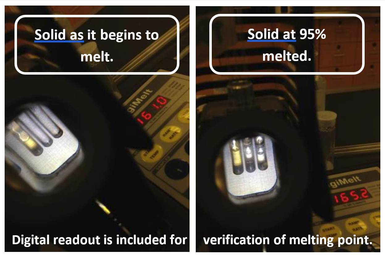 The melting point of an organic compound just as it begins to melt and later when it is 95% melted.