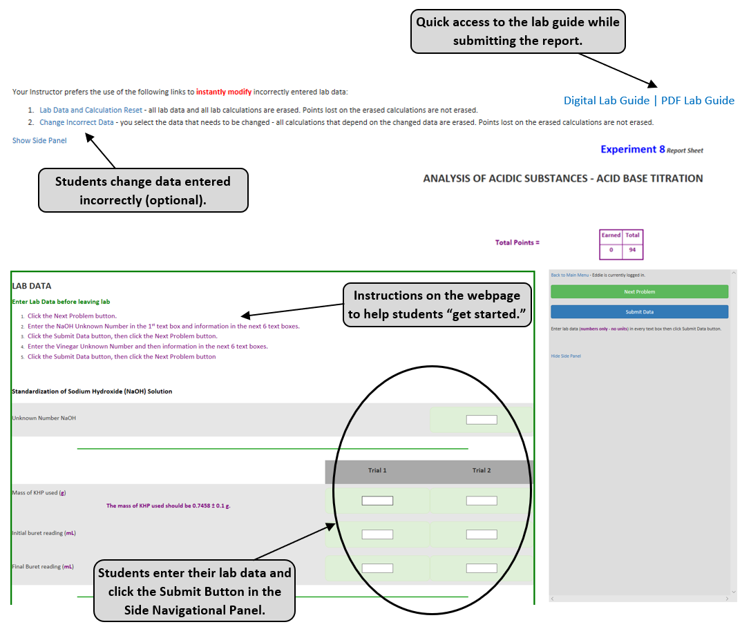 Lab submission page where students enter data collected in lab.